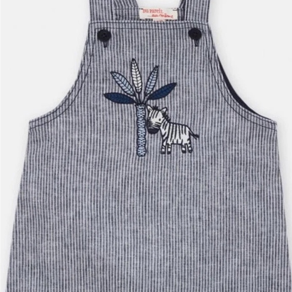 Striped Kids Pinafore with Zebra Embroidery linen cotton blend